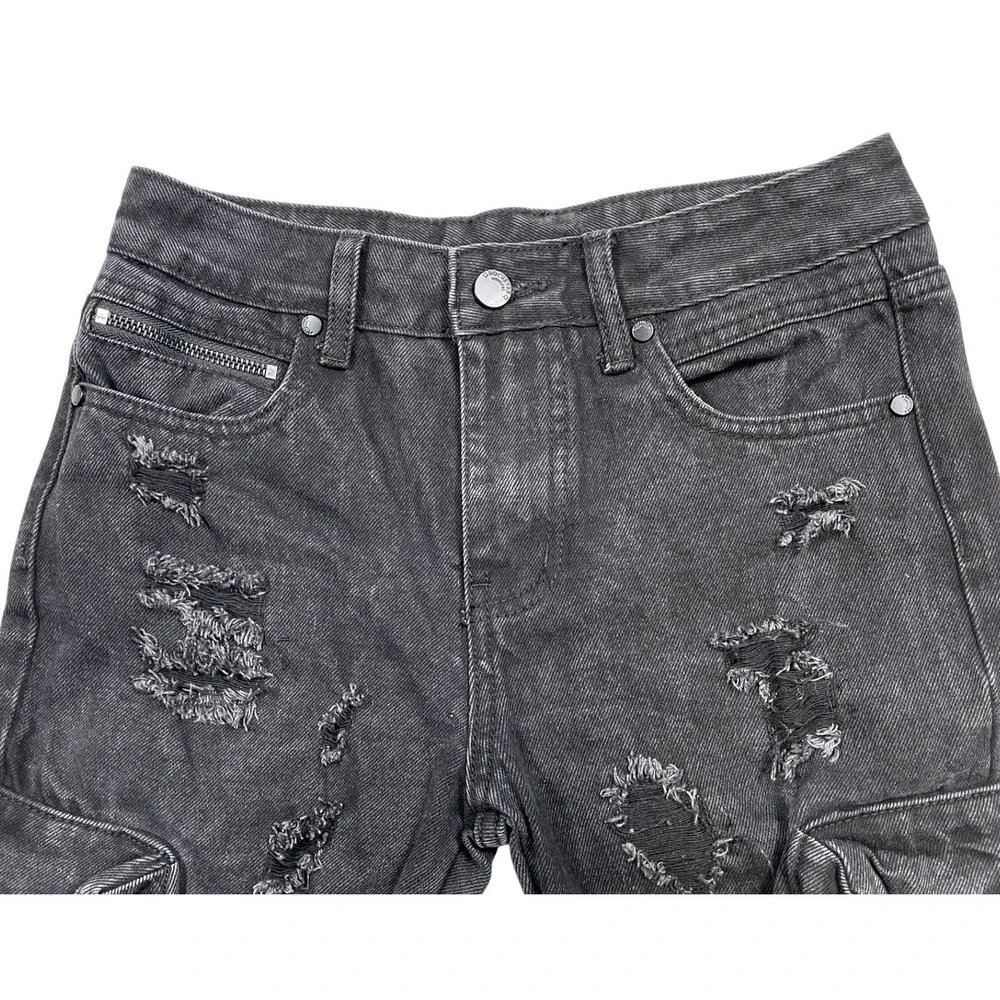 🔥 Rockstar Original Boys Sz 14 Black Distressed Cargo Jeans Raw Hem -Streetwear